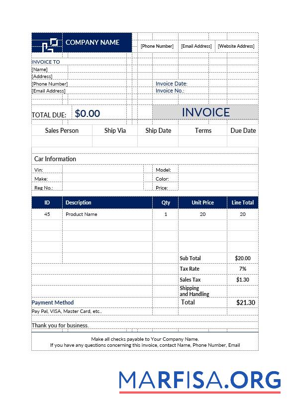 Blank Car Sales Invoice Template